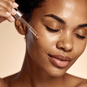 Femme appliquant un sérum sur sa peau mélanine Sérum éclat Beauté Backstage